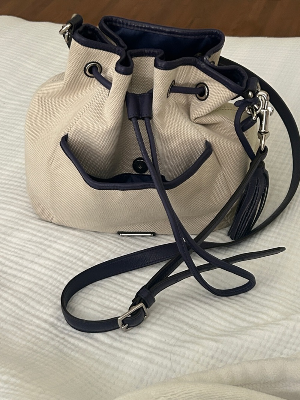Coach Canvas + Navy Leather Drawstring Shoulder Bucket Bag Silver Hardware - Picture 9 of 14